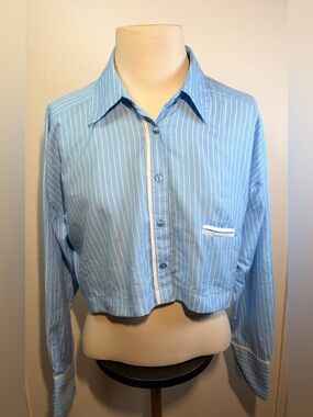 Threadstory Women’s Print Striped L/S Button Down Cropped Top - Size Medium